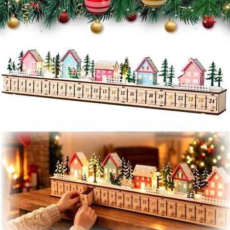 Irovami Calendrier Avent bois lumineux – village Noël, 24 jours, LED, enfants (1/5)