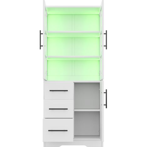Armadio da bagno con 3 Cassetti, 3 Ante, LED e Ripiani Regolabili, in MDF e Vetro, 72×35×170 cm, Bianco (1/5)