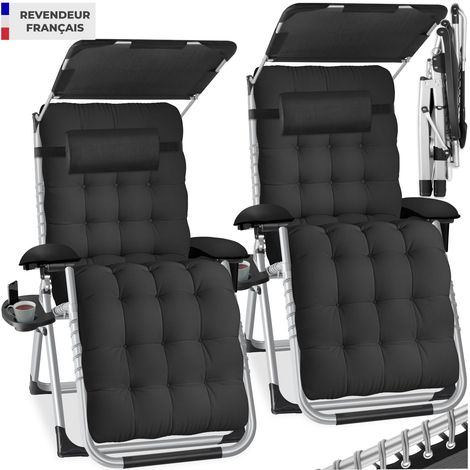 Lot 2 chaises longues pliables avec pare-soleil et repose-pieds noir (1/5)