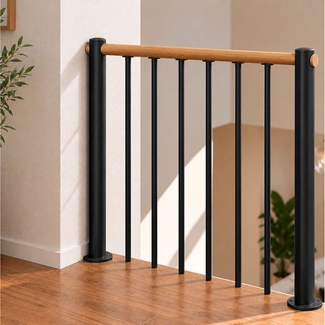 Ringhiera per scala diritta - Nero - Acciaio verniciato a polvere - Lunghezza 1 m - Corrimano in legno di faggio - RE-I-RV-BOIS-NH (1/5)