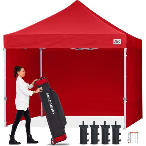 Tente auvent 10 x 10 cm avec 3 parois latérales Amovibles et 1 Porte Murale Bonus 4 Sacs de lestage, 4 piquets et Sac à roulettes Rouge (1/5)