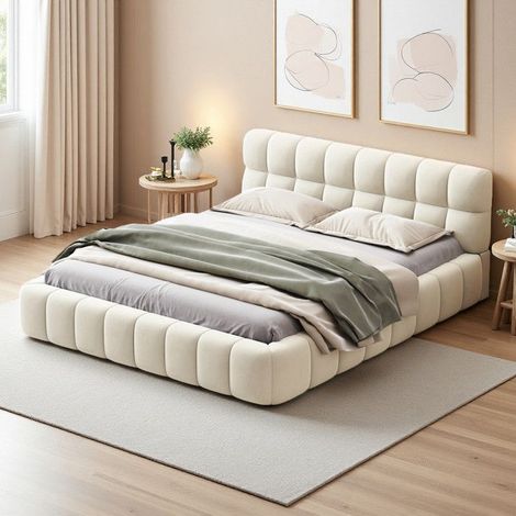 Lit double 140x190 cm capitonné beige avec sommier à lattes, tiroirs intégrés, confort dos optimal, lin naturel Oeko-Tex