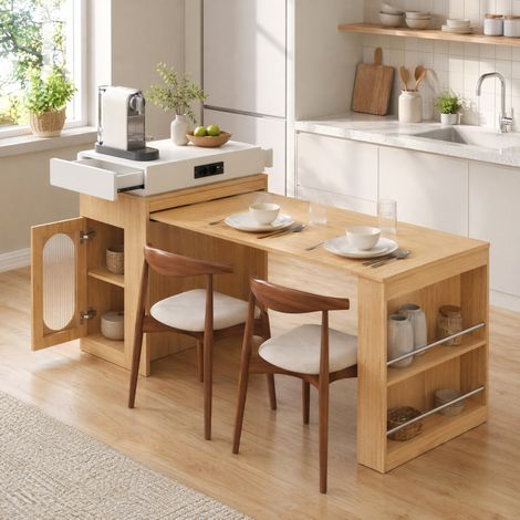 Isla de cocina con mesa extraíble plegable, enchufes y ganchos, MDF y vidrio, natural OKWISH (1/5)