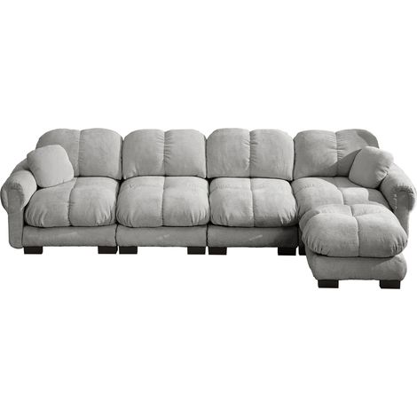 Canapé d'angle modulable 4 places en tissu chenille gris clair avec ottomane mobile (1/5)