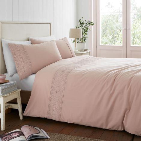 Parure de lit avec Housse de Couette et taies d'oreiller Motif Broderie Anglaise Rose pâle (1/4)