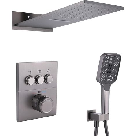 Colonne de Douche Encastrée, HSS0466 Moderne Ensemble de Douche Thermostatique, 545x233mm Pluie, Cascade Systèmes de Douche, Touches du Piano, Douchette à Main 3 Modes, Cuivre 59A (1/5)