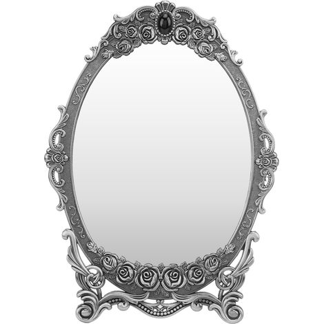 Miroir de maquillage rétro de bureau, bords perlés floraux en relief, image claire, miroir vintage argenté fonctionnel pour décoration (1/5)