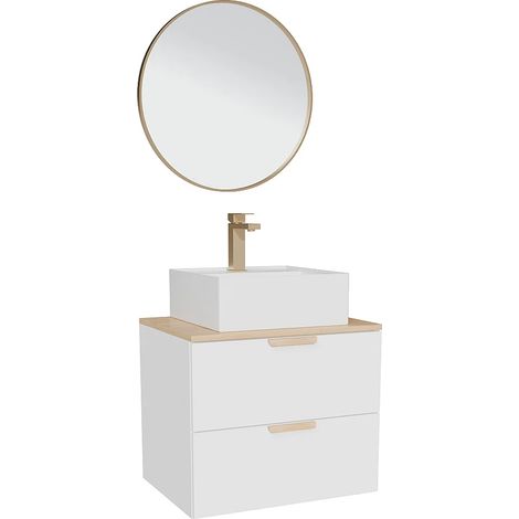 Mobile bagno sospeso con lavabo da appoggio quadrato, rubinetto e specchio Bianco L60 cm – AVORELI (1/5)