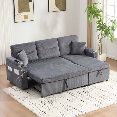 Sofá cama 3 plazas 212.5x136x86 cm gris carbón en pana con chaise longue, almacenaje, portavasos y USB-C (1/5)