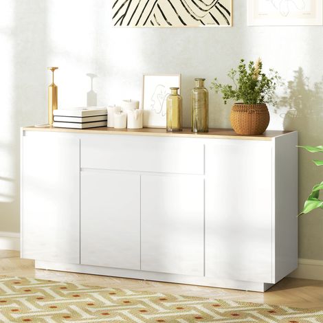 Buffet de cuisine moderne avec tiroir et 3 placards à étagères réglables. 140 x 40 x 75 cm. Blanc
