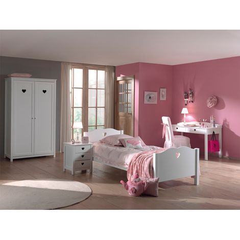 Lit 90x200 - Chevet 3 tiroirs - Armoire 2 portes et Bureau Vipack Amori - Blanc (1/5)