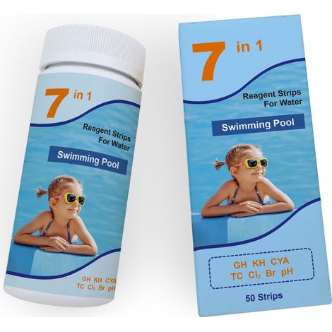 Lot de Bandelettes de Test 7 en 1 pour Piscine et Spa Mesure Précise du Brome de l'Acide Total, du pH, du Chlore Libre, de la Dureté de l'Eau, de l'Acide Cyanurique et du Chlore Total 50