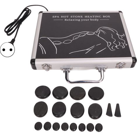 Lot de 18 pierres chauffantes en basalte pour massage relaxant musculaire, avec boîte chauffante et prise UE 220V (1/5)