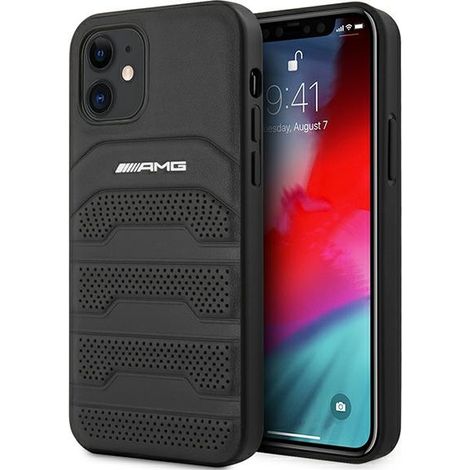 Funda rígida de cuero con líneas grabadas AMG AMHCP12SGSEBK para iPhone 12 mini de 5,4 pulgadas, color negro/negro. (1/5)