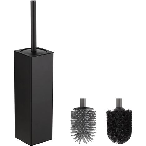 Black Toilet Brush, Metal Toilet Brush Including 2 Brush Heads, Freestanding Square Toilet Brush for Bathroom (1/5)