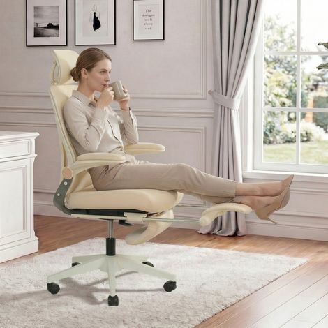 MEUBLIV Chaise de bureau ergonomique pliable 62 x 48,5 x 129 cm crème – dossier pliable (1/5)