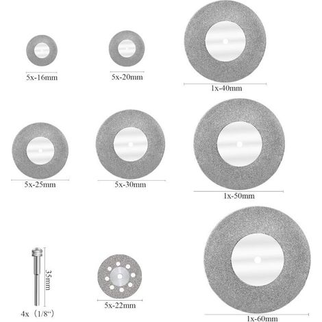 32 mini disques diamantés avec 4 mandrins, disques de coupe pour verre, pierres précieuses, bois, métal et céramique - 16/20/22/25/30/40/50/60 mm (1/3)