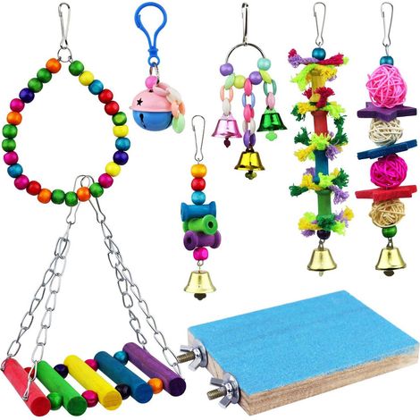 Kit 5 pièces Jouet oiseau, balançoire hamac, perchoir bois, clochette suspendue, accessoire mâcher pour perruche conure (1/5)