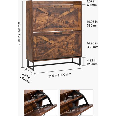 Mophorn Schuhschrank mit 2 Klappen & Kippsicherung, kompakter Schuhkipper, freistehender Schuh-Organizer für Eingangsbereich, Wohnzimmer oder Veranda, Vintage-Stil Schuhregal 800x240x973 mm Braun