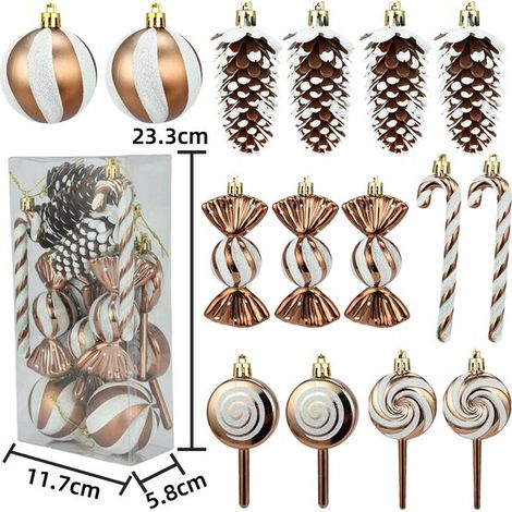 Set di decorazioni natalizie, 22 pezzi, in plastica, a forma di pigne e bastoncini di zucchero, comprensivo di ornamenti da appendere con filo e rami di abete. (1/4)