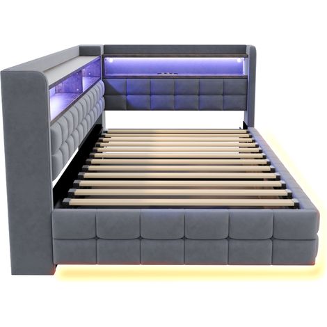 Lit rembourré 90 x 200 cm avec rangement hydraulique, LED, prises et USB, gris clair (1/5)