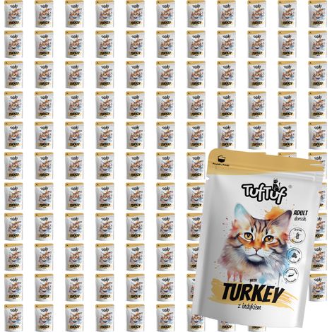 Cibo umido per gatti TufTuf, bustina di tacchino, 120x100g, carne in scatola. (1/2)