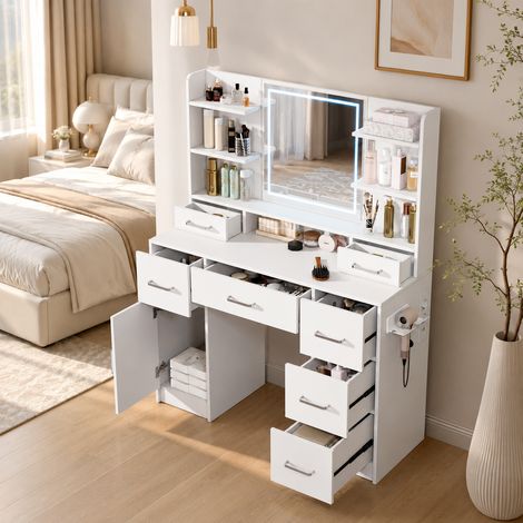 Coiffeuse 110×40×140 cm,prise européenne et port USB,coiffeuse table,miroir LED 3 couleurs,table de maquillage,7 tiroirs de rangement,étagères ouvertes et supports,pour chambre,Bois,Blanc (1/5)
