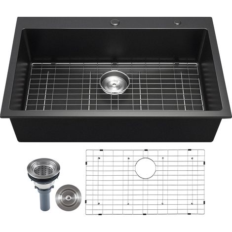 VEVOR 84 cm Kitchen Sink Workstation, Top Mount Granite Sinks, Drop-In Single Bowl Farmhouse Basin with Multiple Accessories, Household Dishwasher Sinks for RV, Prep Kitchen, and Bar (Black)