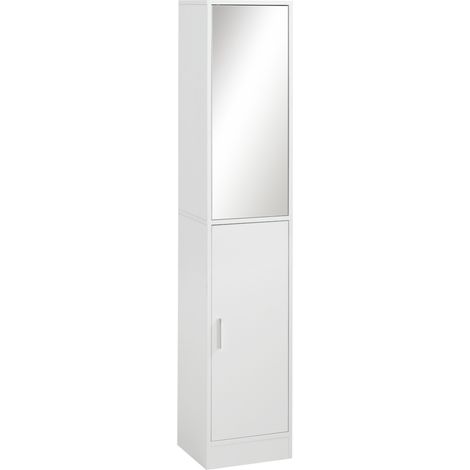 Mobile Colonna Bagno in Legno a 5 Ripiani con Anta a Specchio Apribile, 32x28x162 cm, Bianco