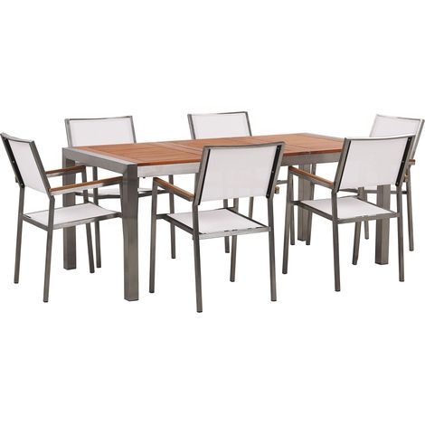 Table de Jardin et 6 Chaises 180 x 90 cm Bois d'Eucalyptus et Tissu Blanc Grosseto (1/5)