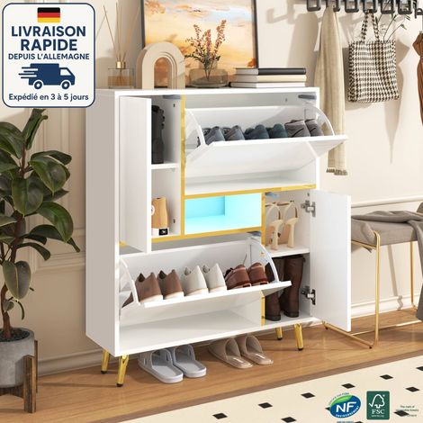 Zapatero de pasillo 80x25x96cm, 2 compartimentos con solapas, 2 puertas, LED, aglomerado, blanco (1/5)