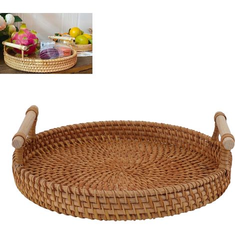 Kleiner runder, geflochtener Obstteller im Retro-Landhausstil mit Holzgriff. (1/5)