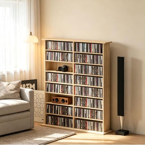 Scaffale porta CD DVD e Blu-ray naturale a 16 vani con 12 ripiani regolabili, capacità fino a 720 CD (1/5)