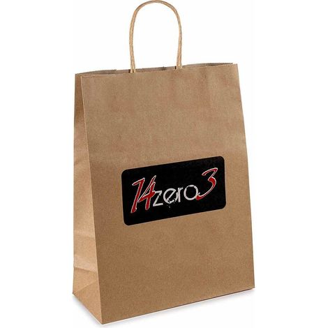 Busta / sacchetto regalo L in carta kraft naturale riciclata con manici e logo 14zero3, set da 120 pezzi, cm 26 x 11 x 34,5 H