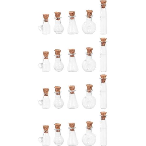 Lot de 20 mini-flacons à potions : mini-bouteilles en verre avec bouchons en liège - petits bocaux à souhaits transparents de différentes formes - mini-flacons à potions décoratifs (1/5)