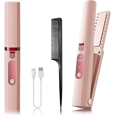 Lisseur et fer à boucler portable 2 en 1 - rose - mini lisseur en céramique rechargeable - indispensable en voyage - mini fer à boucler USB (1/5)