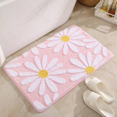Tapis de salle de bain mignon marguerites - Antidérapant - Lavable - Motif fleurs blanches et jaunes - En microfibre douce - Absorbant - 50 x 80 cm，rose (1/5)
