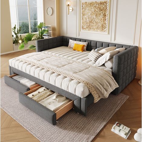 Divano letto estraibile 90x200 cm grigio in velluto con 2 cassetti (1/5)
