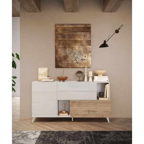 Buffet/bahut 181 cm chêne cadiz/blanc laqué Minorka (1/4)