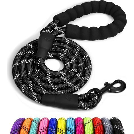 Chien Corde, Laisse pour Chien en Nylon avec Poignée Rembourrée Douce et des Fils réfléchissants, 150cm x 1.2cm, Noir (1/5)