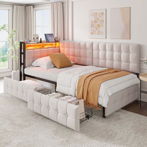 lit rangement canapé convertible 90x200 tissu beige OKMYHOME (1/5)