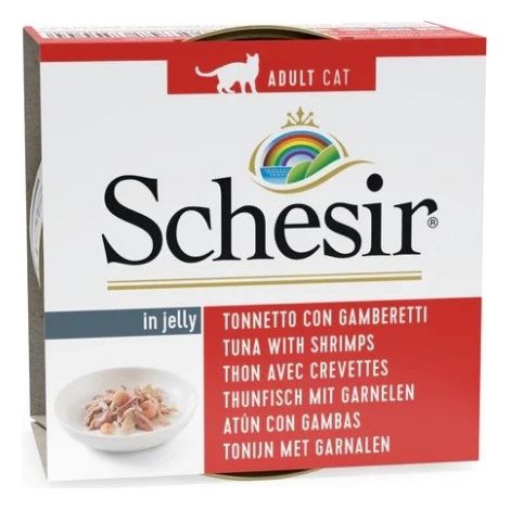 SCHESIR para gatos Atún Adulto en Gelatina con Gambas 85g