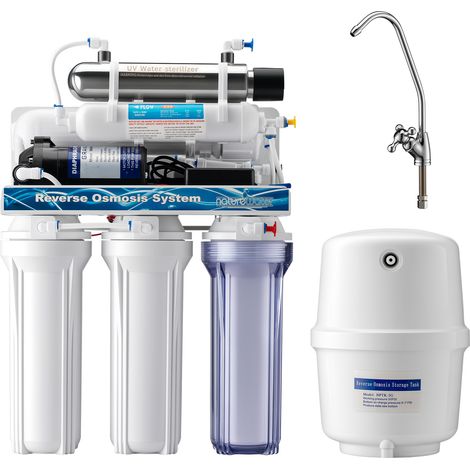 Naturewater Système osmose inverse 6 étapes (RO) – 510 x 380 x 185 mm – 180 l/jour – avec lumière UV et pompe de surpression – Filtre charbon actif et sédiments – Eau potable
