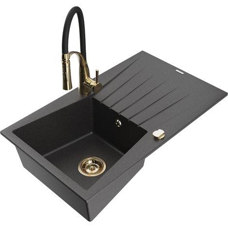 Mexen Cesar évier en granit 1 bac avec égouttoir et robinet de cuisine Aster, noir moucheté - 6514-76-73450-57-G (1/5)
