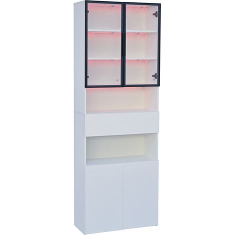 Vitrina alta blanca 70 x 30 x 200 cm con puertas de cristal, cajón, armario y LED (1/5)