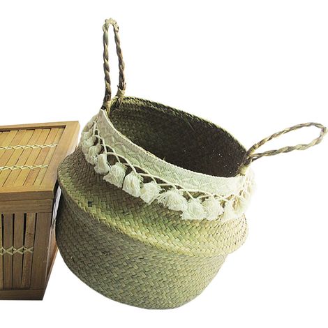 Panier en algues tressées, panier à linge pliable, pot de fleurs naturel fait main, panier en paille (1/5)
