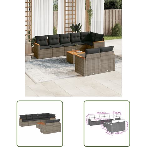 The Living Store 9-tlg. Garten-Sofagarnitur mit Kissen Grau Poly Rattan - Gartenmöbel Set - Esszimmergarnitur - Outdoor Möbel - Lounge Sofa - Rattan Gartenmöbel (1/3)