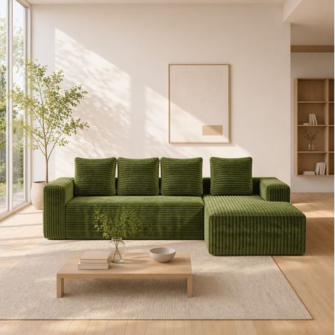 Sofá modular de esquina en L sin montaje, asiento cómodo, para salón o dormitorio, pana - verde (1/5)