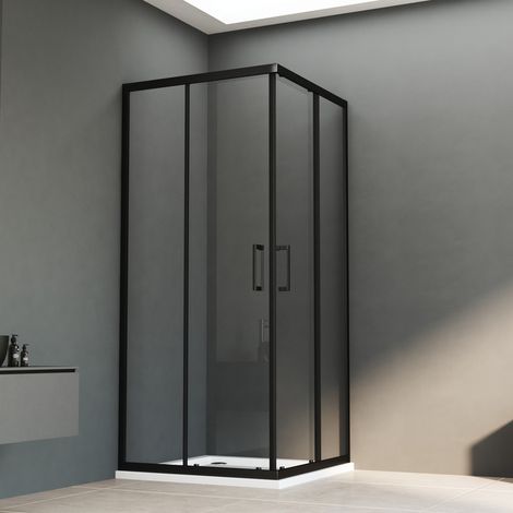 Schwarzer Duschkabine 75x80 cm Schiebetür Duschabtrennung Eckeinstieg Doppel Schiebetür 6mm ESG Sicherheitsglas, Duschwand Höhe 185cm, LINKS & RECHTS MONTIERBAR