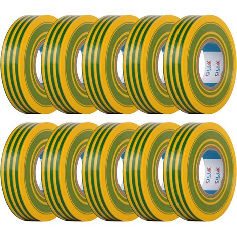 CILIA Lot de 10 Rubans Isolants Électriques PVC 19mm x 25m Chatterton chatterton - Scotch d'Électricien Ignifugé - Adhésif Professionnel Norme IEC - 600V - Pour Câbles et Fils - Couleur: Jaune-Vert